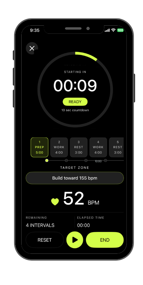 VOTRAIN guided workout screen showing the warmup timer and heart rate